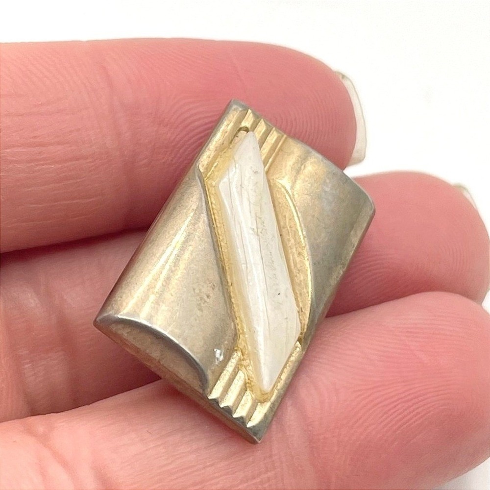 Vintage Art Deco Gold Tone Dress Clip Brooch Pin White Inlay Rectangular Classic